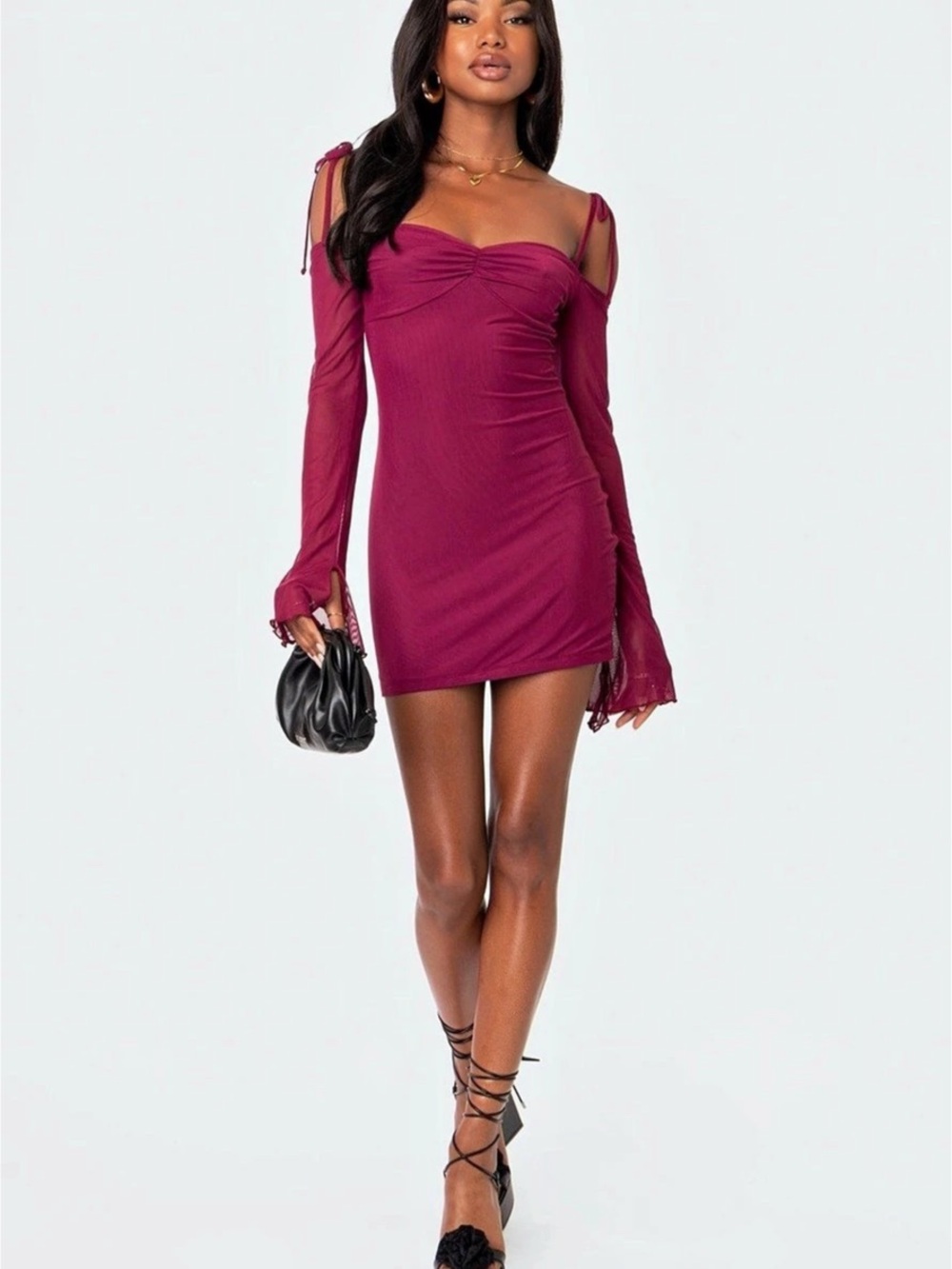 NWT Edikted Ariel Off Shoulder Mesh Mini Dress, Burgundy, Size M